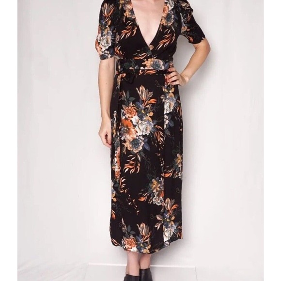 AFRM NORDSTROM Black Floral Midi Wrap Dress Womens Size Small Tie Waist NWT - Picture 14 of 16